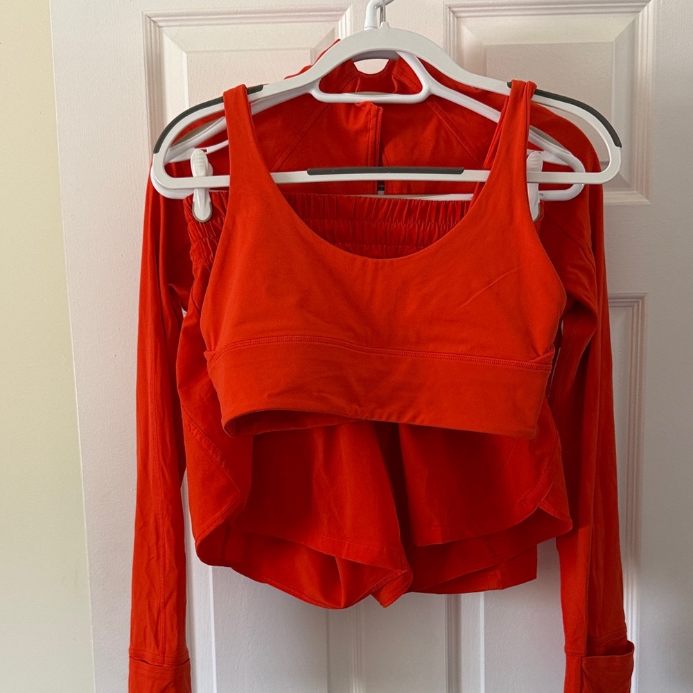 Lululemon 3-part set! Orangey-red. Sports bra, jacket, running shorts